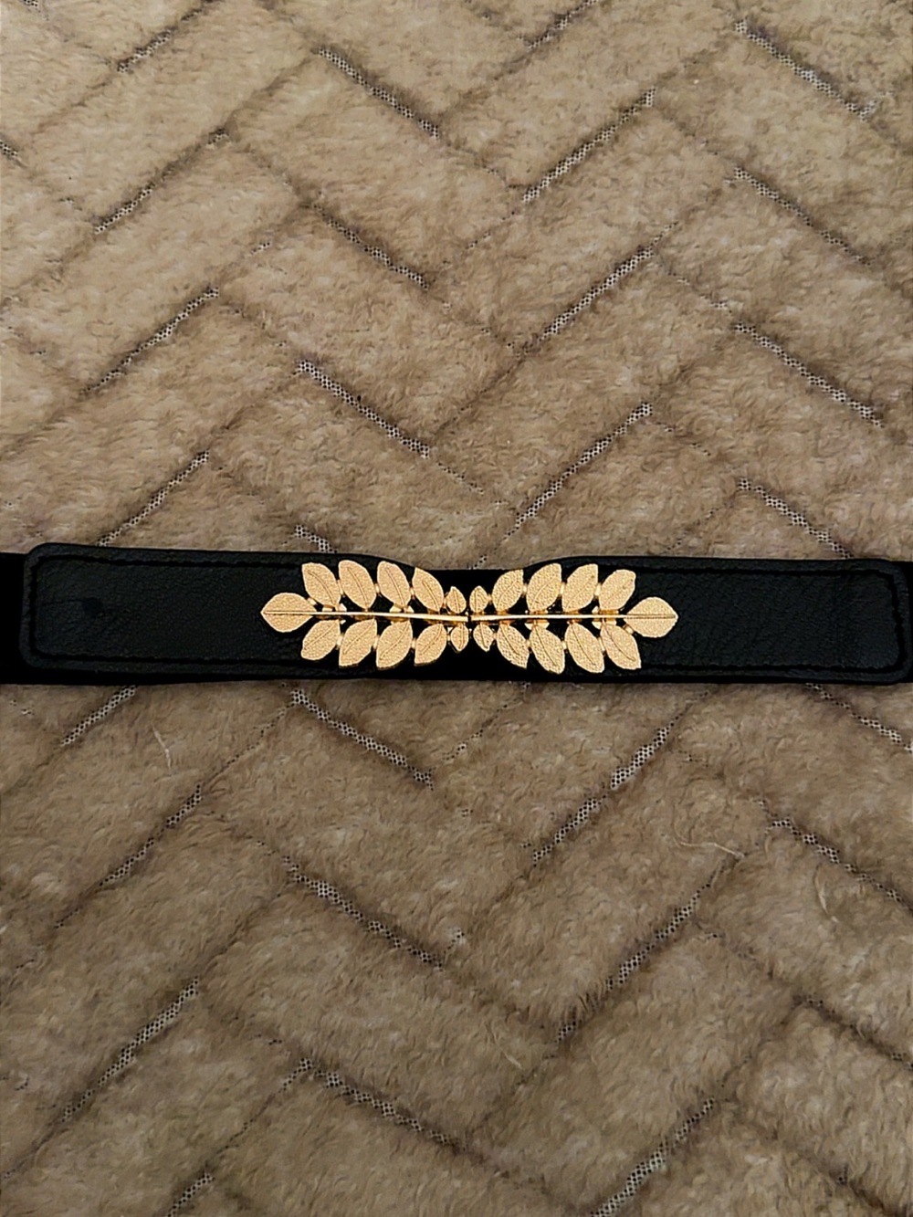 Black Leather Waist Belt with Gold Leaf Accent